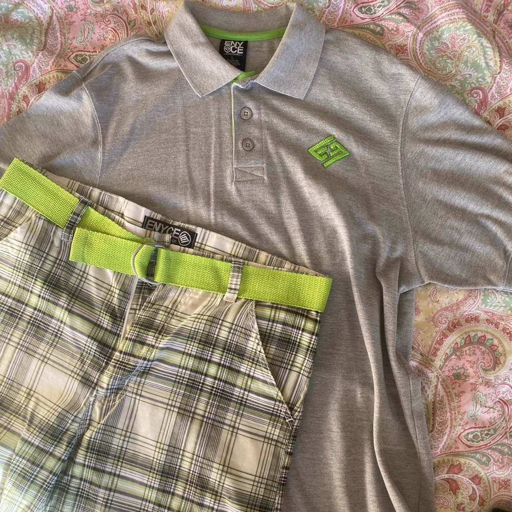 2000s Enyce Polo & Plaid Shorts Set w/ Green Belt | Vintage Streetwear